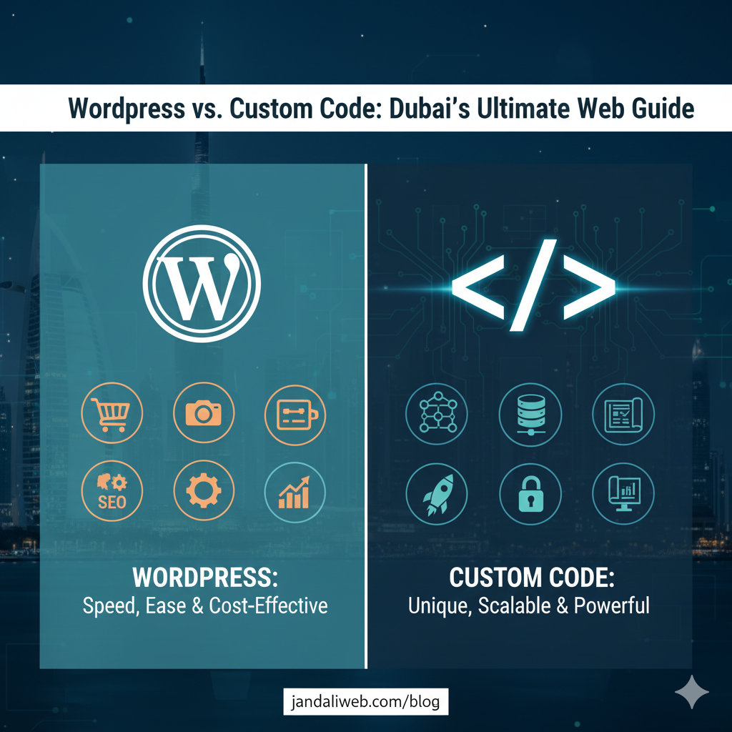 Web Design Dubai, WordPress Vs Custom, SME Websites, Freelancer Dubai, Custom Web Development, WordPress Development, Website Cost, Web Strategy, UAE Business, Digital Transformation, Web Performance, Startup Website