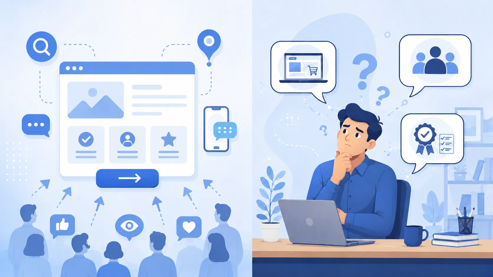 عناصر الثقة في موقع المشروع مثل التقييمات وأمثلة الأعمال ومعلومات التواصل